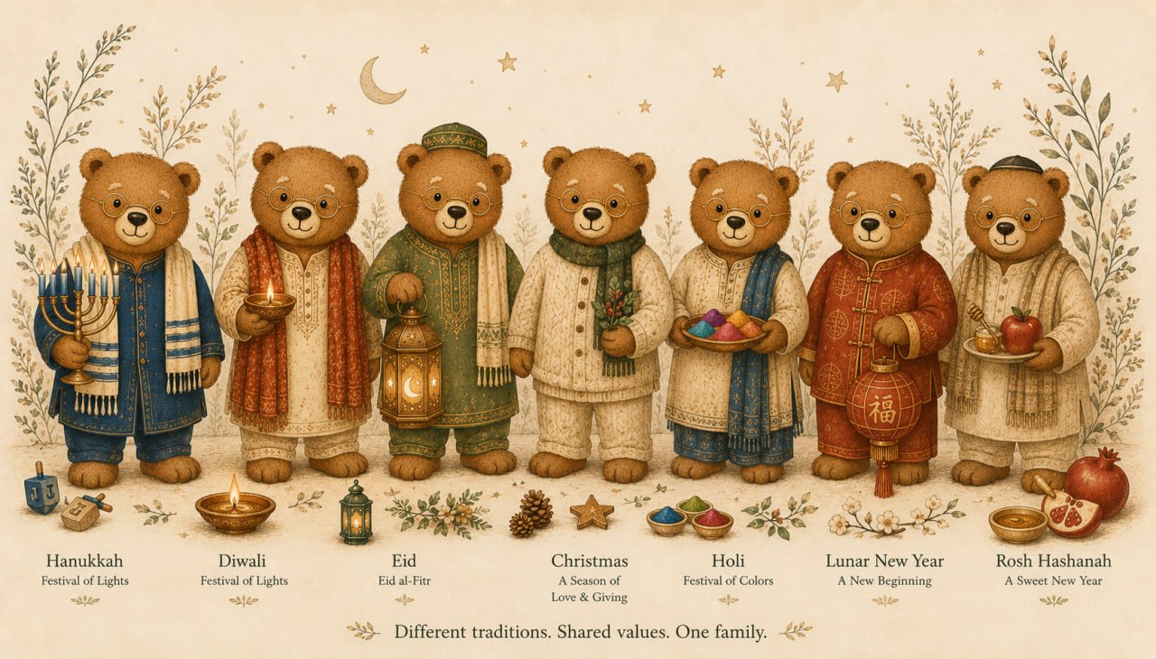 The Forebear dressed for seven traditions — Hanukkah, Diwali, Eid, Christmas, Holi, Lunar New Year, and Rosh Hashanah