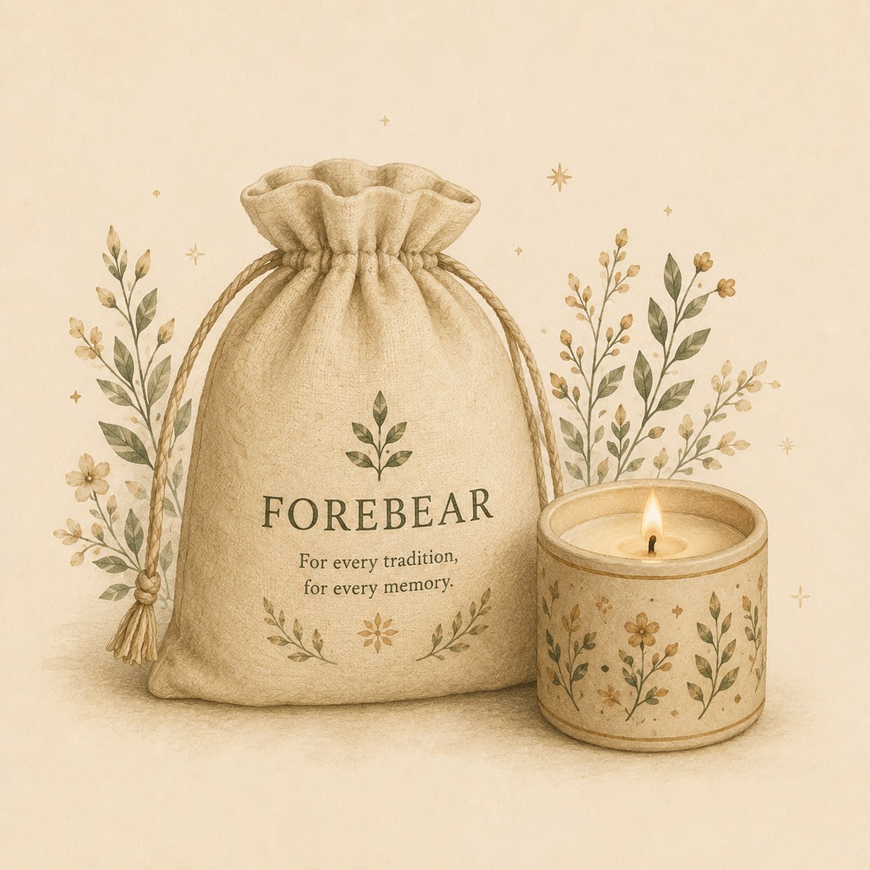 The Forebear activity kit — linen bag and candle